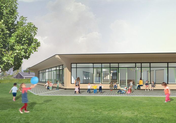 Zo zal het nieuwe wijkschooltje in de wijk Buerstede eruitzien. Dit is de buitenruimte aan de kleuterklassen.