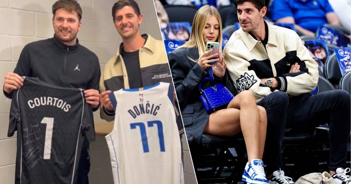 Scambio di maglia tra stelle: Courtois posa dopo la scena del basket a Dallas con la stella dell'NBA Doncic |  calcio