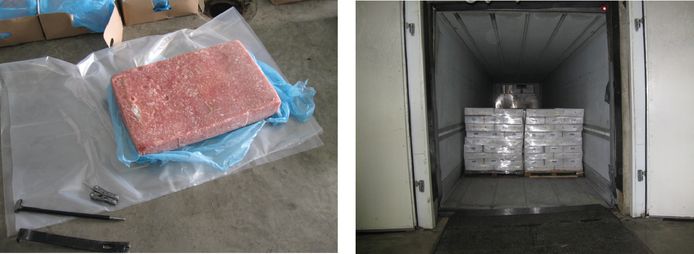 Ruim 200 kilo cocaïne zat verstopt in blokken bevroren vlees.