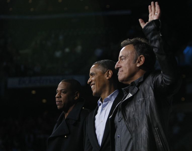 President Obama (m.) met Jay-Z en Bruce Springsteen. Beeld IMAGEGLOBE