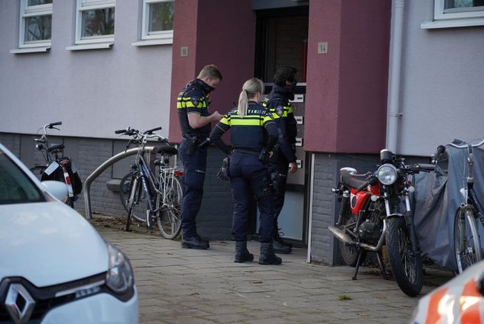 Agenten bij de flat aan de Dovenetellaan in Arnhem na het steekincident.