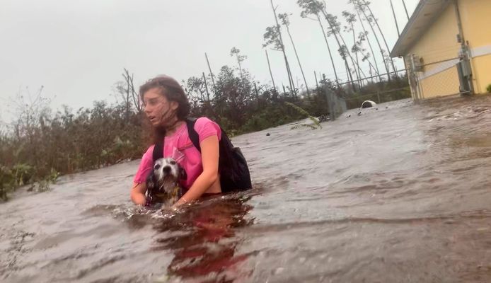 Een vrouw draagt haar hondje met zich mee terwijl ze door diep water waadt richting haar redders op de Bahama's.