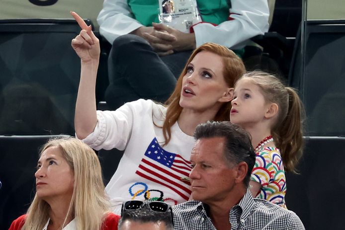 Jessica Chastain op de Olympische Spelen van 2024 in Parijs.