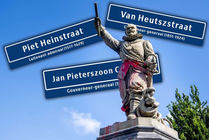 In Alphen zijn meerdere straten vernoemd naar ‘zeehelden’, zoals Piet Hein, Jo van Heutsz en Jan Pieterszoon Coen. Het (besmeurde) standbeeld op de voorgrond is van Piet Hein in Rotterdam.