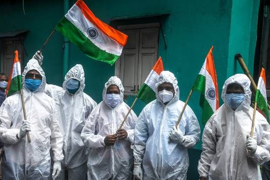 Dit medisch personeel in India vierde zaterdag de Onafhankelijkheidsdag van het land. (15/08/2020)