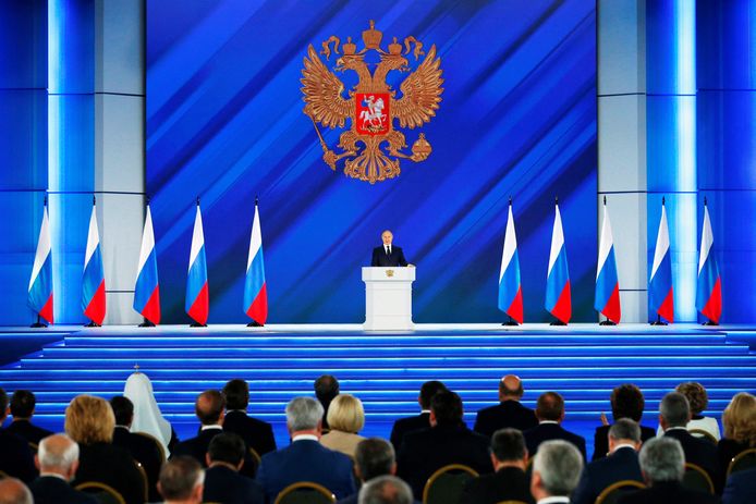 De Russische president Vladimir Poetin tijdens zijn vorige ‘State of the Nation' op 21 april 2021.