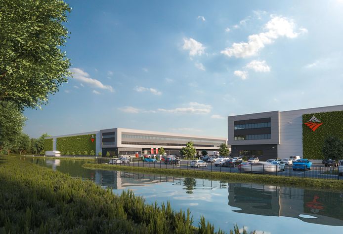 Een impressie van de twee distributiecentra die verrijzen op het voormalige Digit Parc in Breda-Noord.