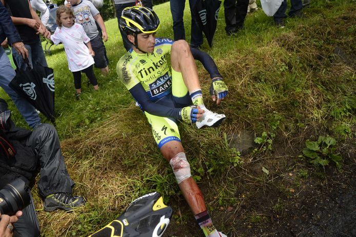 Alberto Contador brak in de Tour van 2014 zijn scheenbeen.