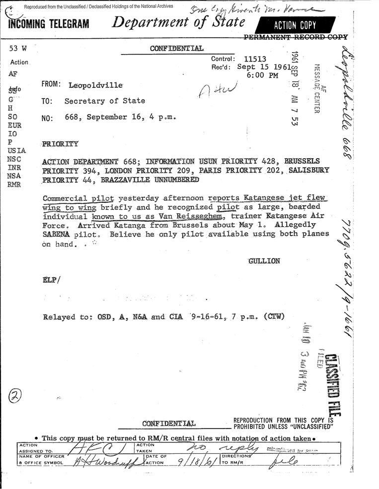 Telegram van VS-ambassadeur Gullion over de betrokkenheid Van Risseghem. Beeld RV