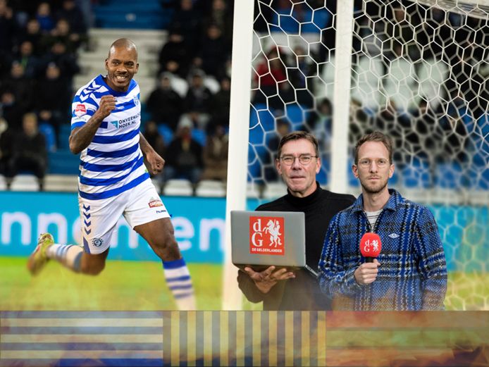 Charlison Benschop na een doelpunt voor De Graafschap. Op de voorgrond clubwatcher Raymond Willemsen en presentator Nanne Nicolasen.