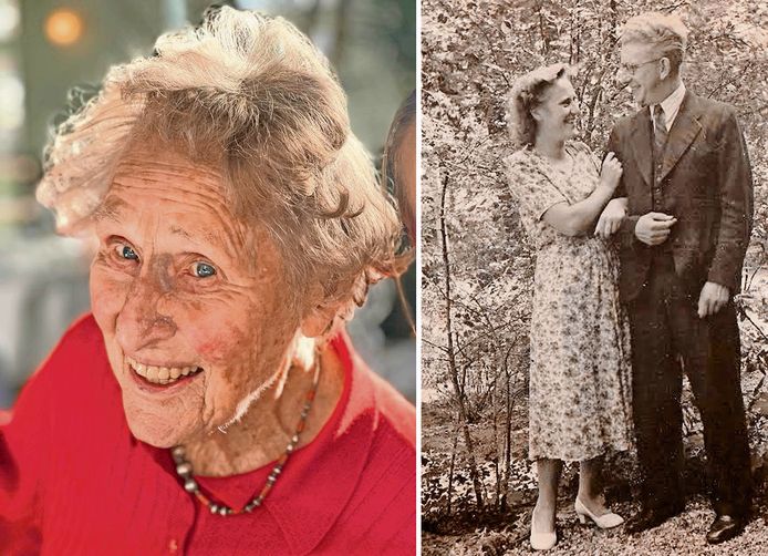 Hil Bergh-Schuurmans in haar jonge jaren, met prille liefde Ko (rechts), en op oudere leeftijd.