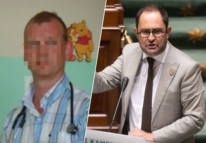 Links: Jan D.V., de kinderarts die beschuldigd wordt van voyeurisme en het bezit van kinderporno. Rechts: minister van Justitie Vincent Van Quickenborne.