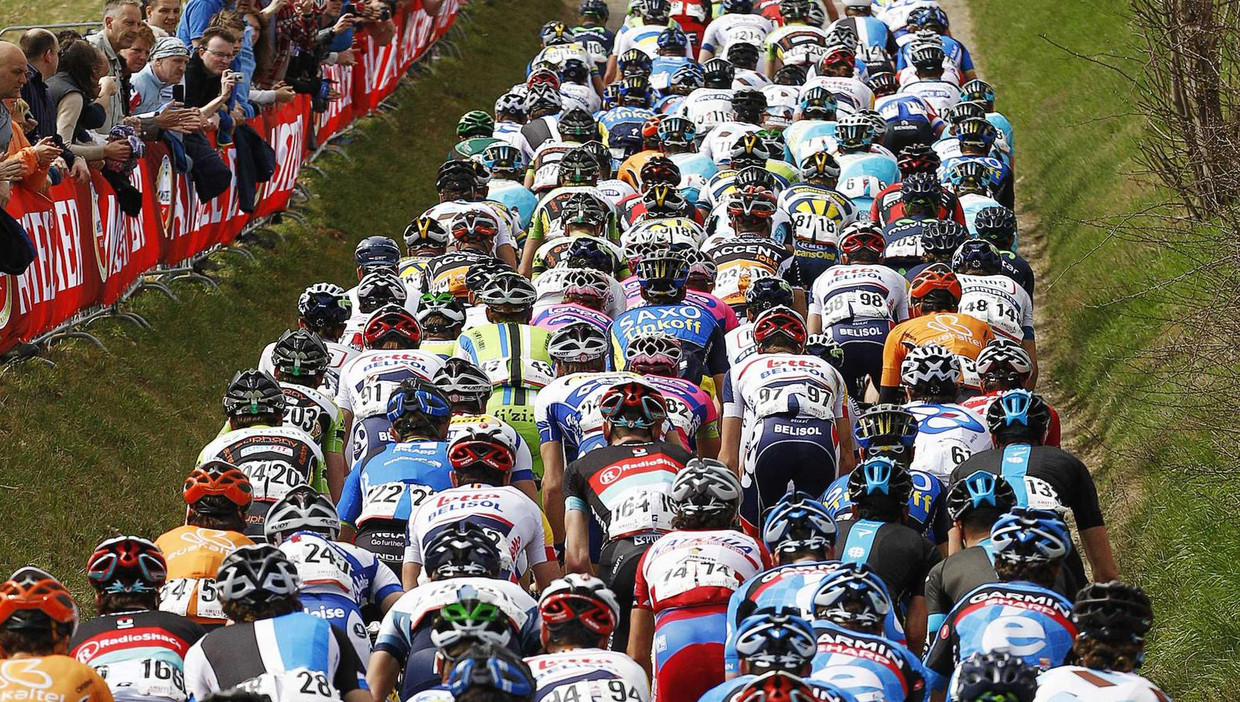 Het peloton bedwingt in 2014 en masse één van de Limburgse hellingen. Beeld anp