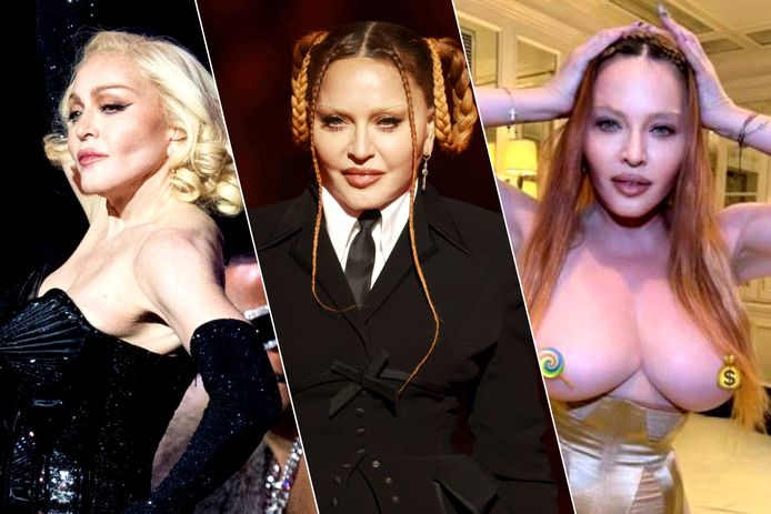 Van links naar rechts: Madonna tijdens haar 'Celebration Tour’, Madonna tijdens de Grammy Awards en Madonna op TikTok.