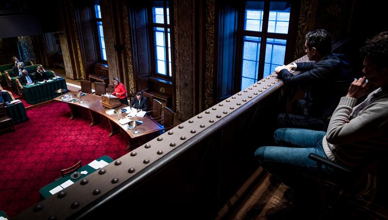 Indiener van het wetsvoorstel Pia Dijkstra aan het woord in de Eerste Kamer. Beeld Freek van den Bergh / de Volkskrant