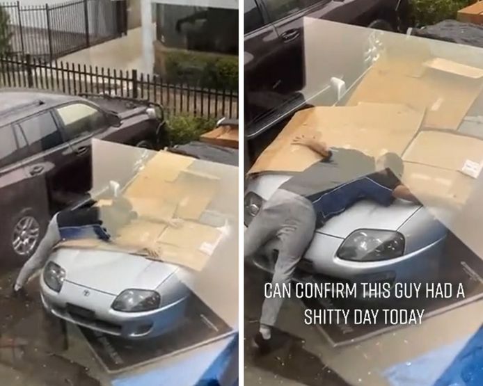 Un homme tente de sauver sa Toyota Supra de la grêle à Sydney
