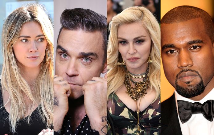 Van links naar rechts: Hilary Duff, Robbie Williams, Madonna en Kanye West.