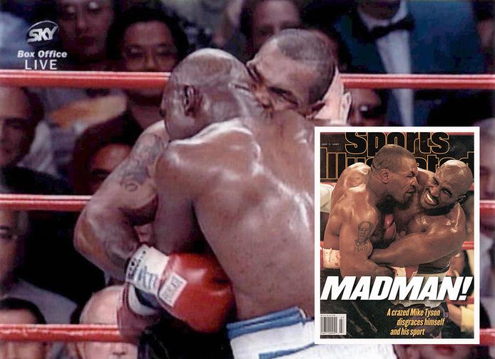 Mike Tyson (achter) bijt in het oor van zijn tegenstander Evander Holyfield, juni 1997.