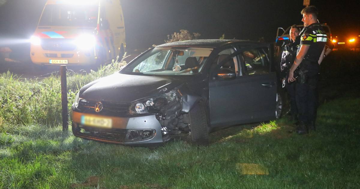 Automobilist belandt in weiland en rijdt paal uit grond op Munnikeweg in Ederveen
