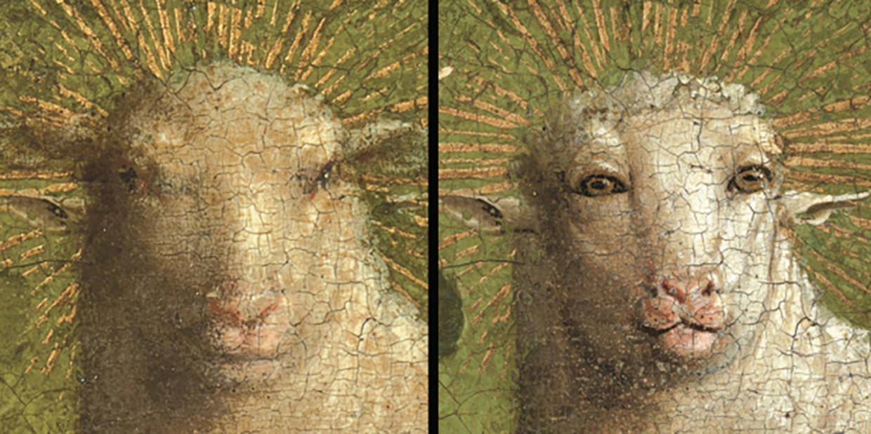 Het Lam Gods voor en na  de restauratie. Beeld  