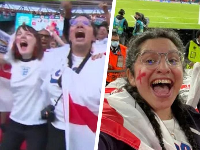 Links: Farooqi (r) en haar vriendin komen in beeld. Rechts: Farooqi in het stadion.