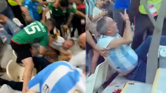 KIJK. Knokpartij in het stadion: Argentijnse en Mexicaanse fans op de vuist, gezicht van supporter volledig onder het bloed