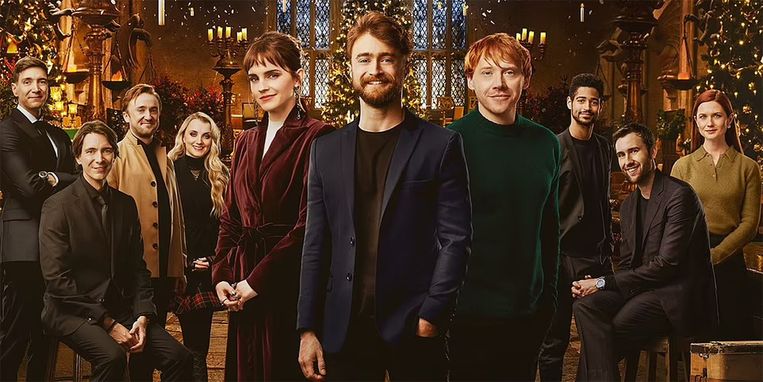 De cast van de Harry Potter-films zoals ze er vandaag bijlopen, met in het midden hoofdrolspelers Emma Watson (Hermione), Daniel Radcliffe (Harry) en Rupert Grint (Ron).  Beeld rv