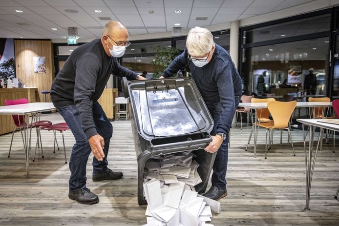 Stemmen worden geteld in het stadhuis van Purmerend na afloop van de herindelingsverkiezingen. In Noord-Holland voegt Beemster zich bij de gemeente Purmerend en gaan Heerhugowaard en Langedijk de nieuwe gemeente Dijk en Waard vormen.