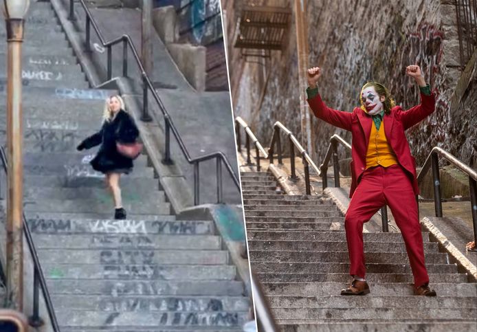 Lady Gaga danst op iconische trappen als Harley Quinn (links) en beeld uit ‘Joker’ (rechts).