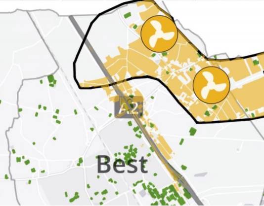 Het in de regionale plannen opgenomen 'zoekgebied', waar Best tegen ageert.