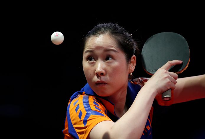 epa07523740 Jie Li of The Netherlands plays against Dora Madarasz of Hungary during their women's single round of 64 match of the World Table Tennis Championships in Budapest, Hungary, 23 April 2019.  EPA/Tibor Illyes HUNGARY OUT