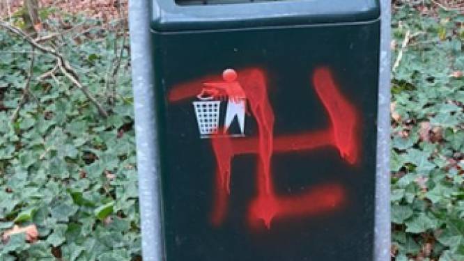 Bekladdingen met graffiti in Bospark Bakel: hakenkruis op prullenbak