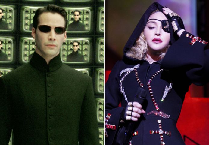 Keanu Reeves (links) in 'The Matrix' en Madonna (rechts).