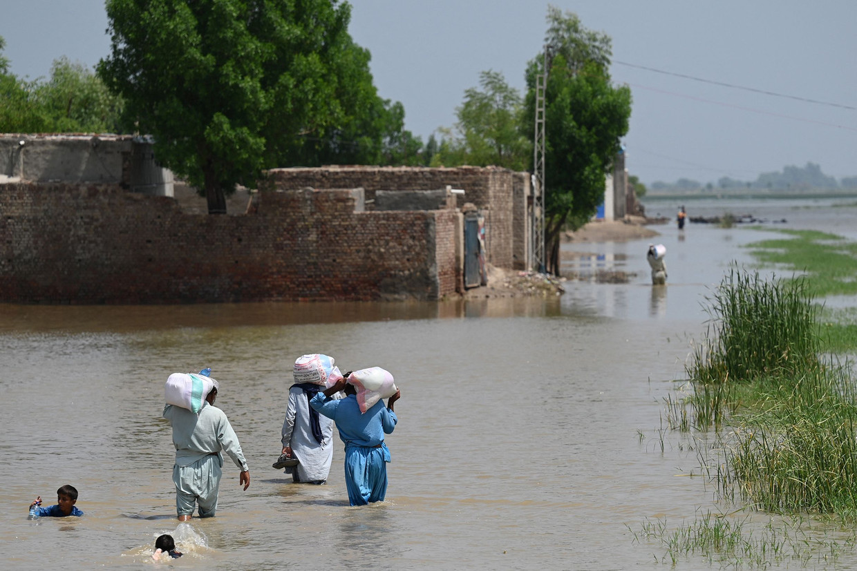 Inwoners van Jacobabad proberen voeding droog te houden tijdens het transport in de zwaar getroffen provincie Sindh. Beeld AFP