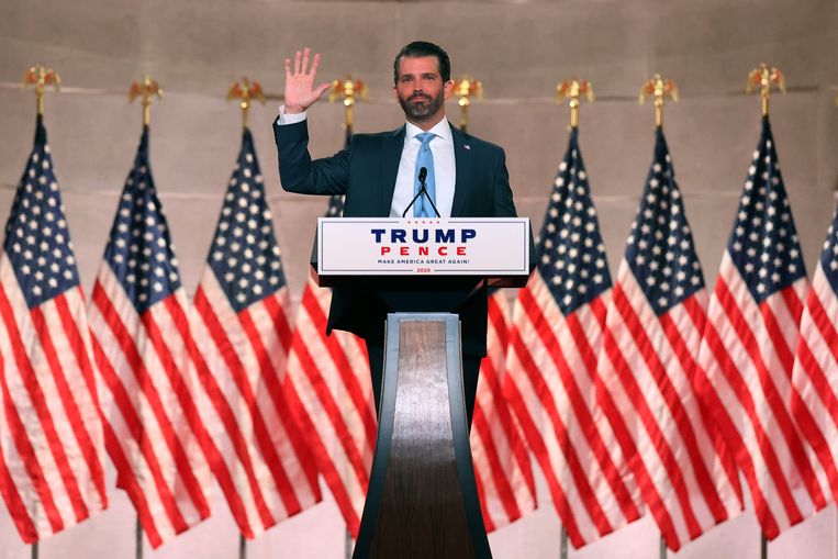 Donald Trump jr. was de meest prominente spreker op de eerste avond van de Republikeinse Conventie 2020. Beeld EPA