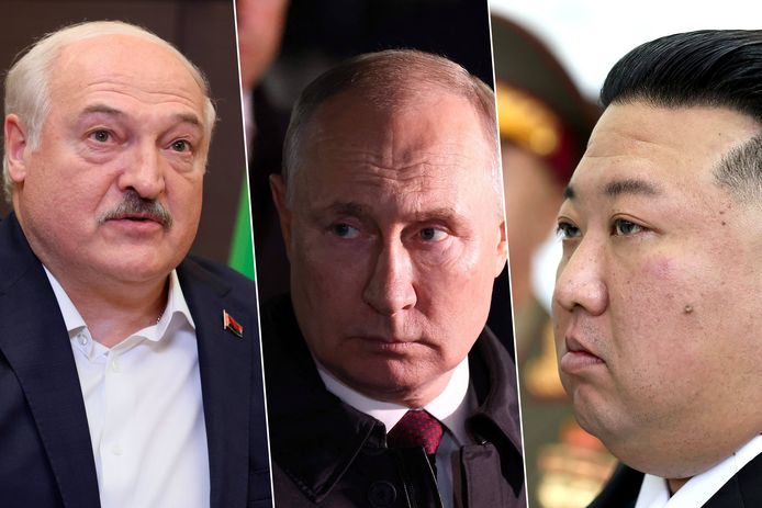 Fotomontage. De Russische president Vladimir Poetin rekent op omstreden figuren zoals de Wit-Russische president Aleksandr Loekasjenko en de Noord-Koreaanse leider Kim Jong-un.