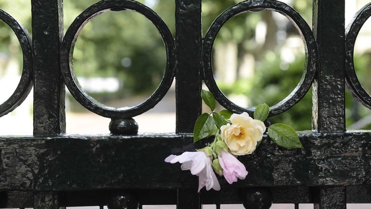 Een bloemetje ter nagedachtenis aan prins Friso is bevestigd aan het hek voor Huis ten Bosch Beeld epa