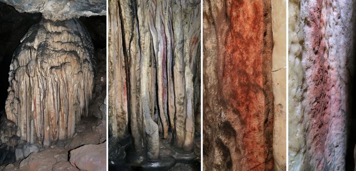 Rood okerpigment op stalagmieten in de Spaanse grot Ardales.