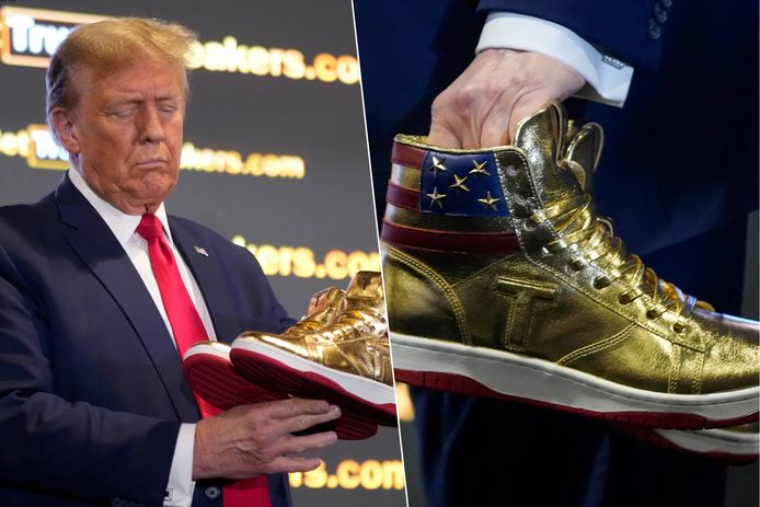 Donald Trump stelde zaterdag zijn eigen gouden sneakers voor tijdens een conventie in Philadelphia.