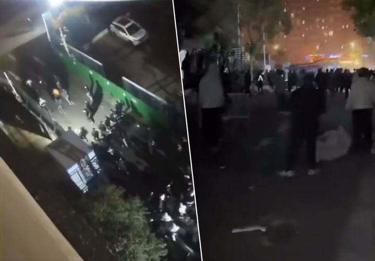 Beelden op Chinese sociale media tonen volgens persbureau Bloomberg aan dat de spanningen over de strenge coronamaatregelen in de fabriek in Zhengzhou hoog zijn opgelopen. Beeld Twitter