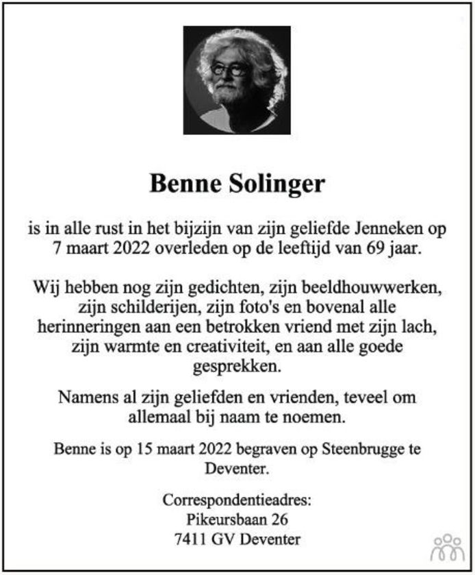 De overlijdensadvertentie over Benne Solinger.
