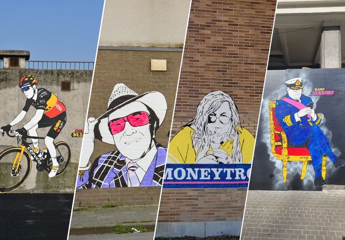 Wout Van Aert, Eddy Wally, Jean-Pierre Van Rossem en prins Laurent. Op verschillende plaatsen in Vlaanderen liet het street art collectief 'Kamp Seedorf' z'n opvallend werk achter.
