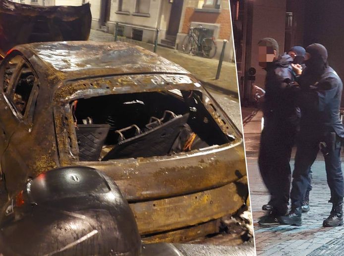 Relschoppers staken een wagen in brand (l.) in de Artesiëstraat. Een twintigtal van hen werden opgepakt (r.).