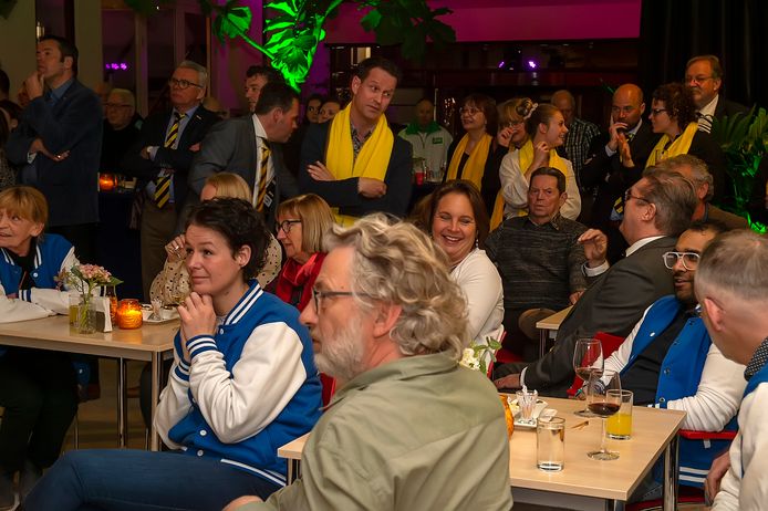 In spanning kijken de fracties Ons Etten-Leur en APB (met  Jean-Pierre Schouw) naar het uitslagenscherm.