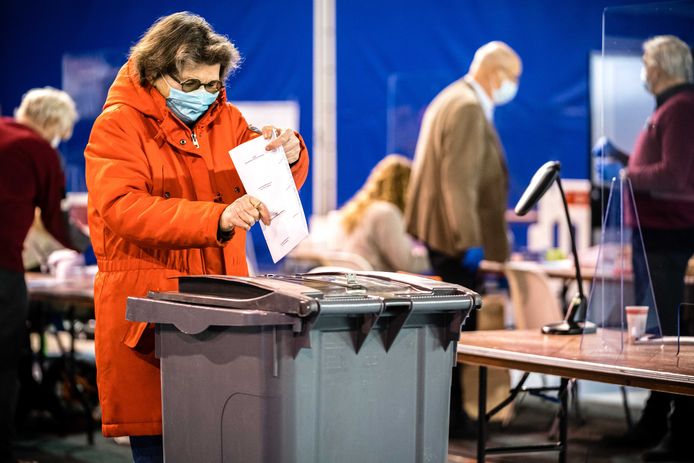 Mondkapjes waren verplicht bij het stemmen voor de Tweede Kamer afgelopen maand, zoals hier in Eindhoven.
