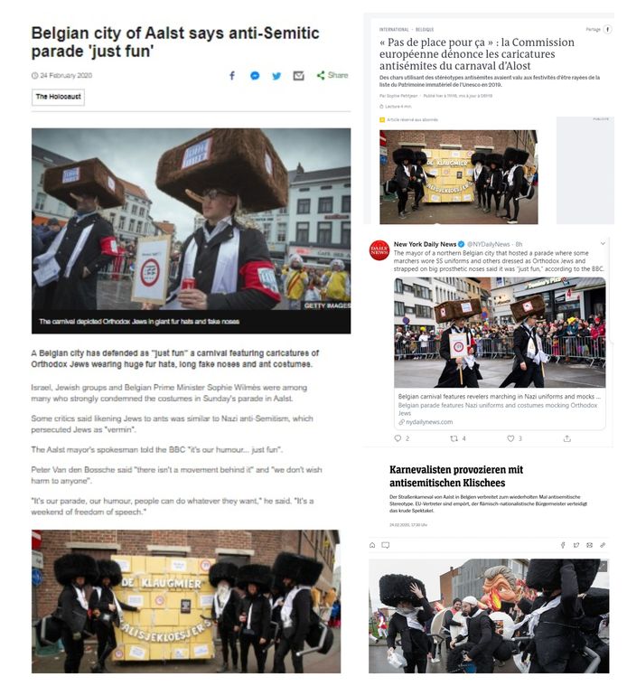 Het Britse 'BBC News', het Franse 'Le Monde', de Amerikaanse krant 'New York Daily News' en het Duitse  ‘Der Spiegel' berichten over de Joodse karikaturen op Aalst Carnaval.