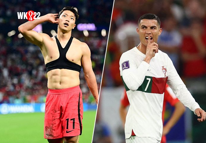 Links: Hwang Hee-chan zorgde met zijn goal in minuut 91 voor de dolle ontknoping.
Rechts: Ronaldo krijgt het aan de stok met een Zuid-Koreaan.