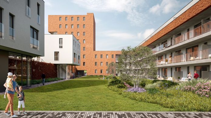 De gebouwen komen rondom een ruime binnentuin. Achteraan zie je de woontoren aan de fietstunnel, rechts de appartementen aan de Ommegangstraat en links de woningen aan de spoorweg.