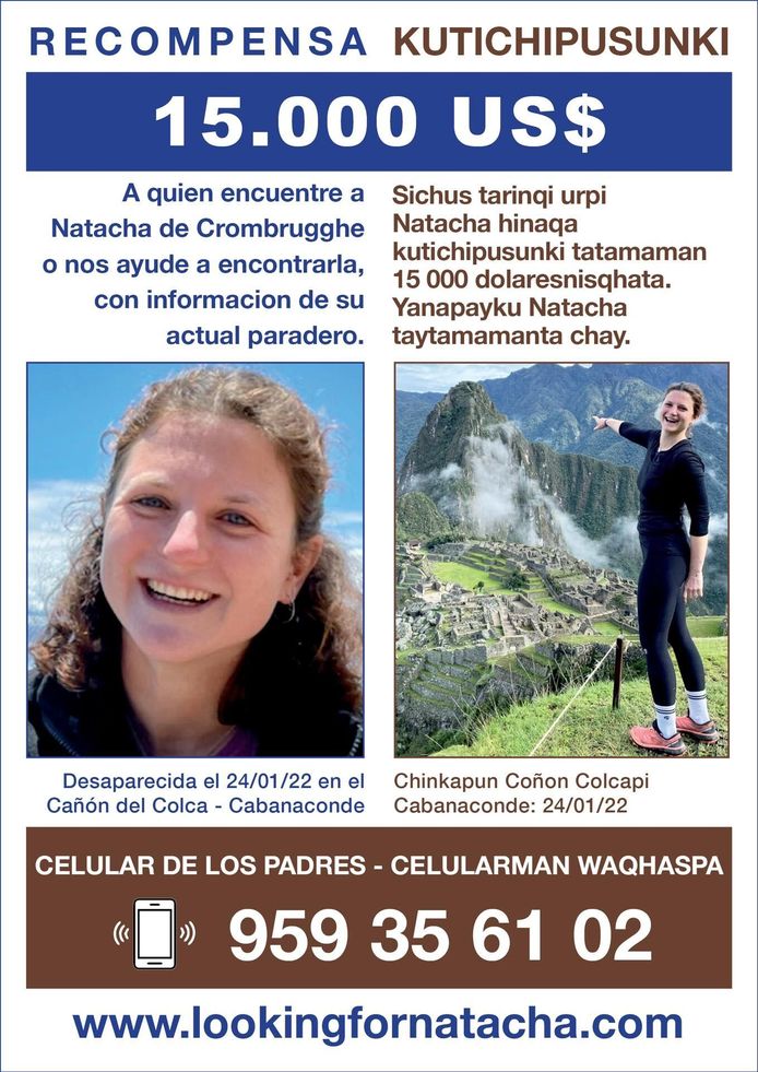Beloning van 15.000 dollar voor informatie over vermiste Natacha de Crombrugghe in Peru.