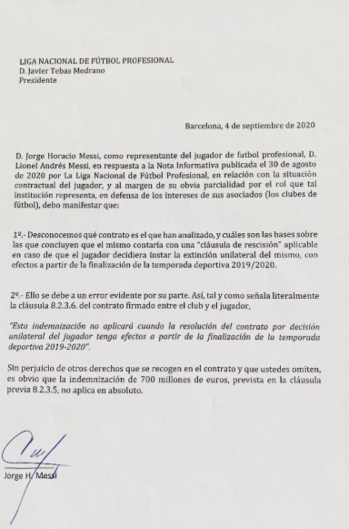 Het statement van Jorge Messi: de zaakwaarnemer van Leo betwist de opstapclausule van 700 miljoen euro.